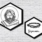 Kit 2 Quadros Hexagonais Religioso Jesus Preto E Branco