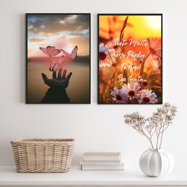 Kit 2 Quadros Ho´ Oponopono Mágico- Flores Borboletas 24x18cm
