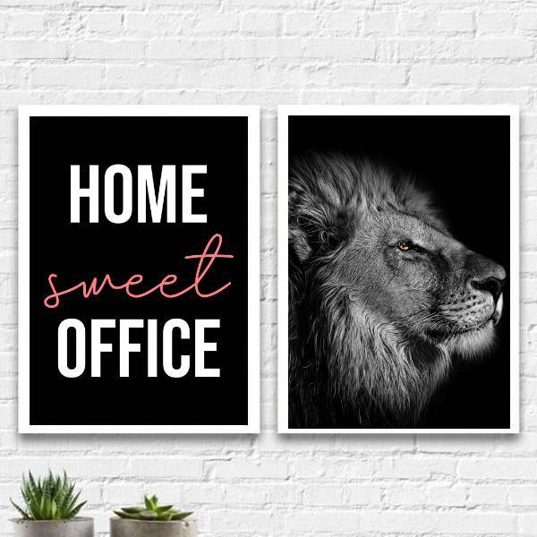 Kit 2 Quadros Home Sweet Office Leão 45x34cm - Com Vidro Mold