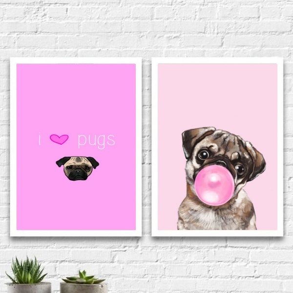 Kit 2 Quadros I Love Pugs 24x18cm Moldura:madeira Preta