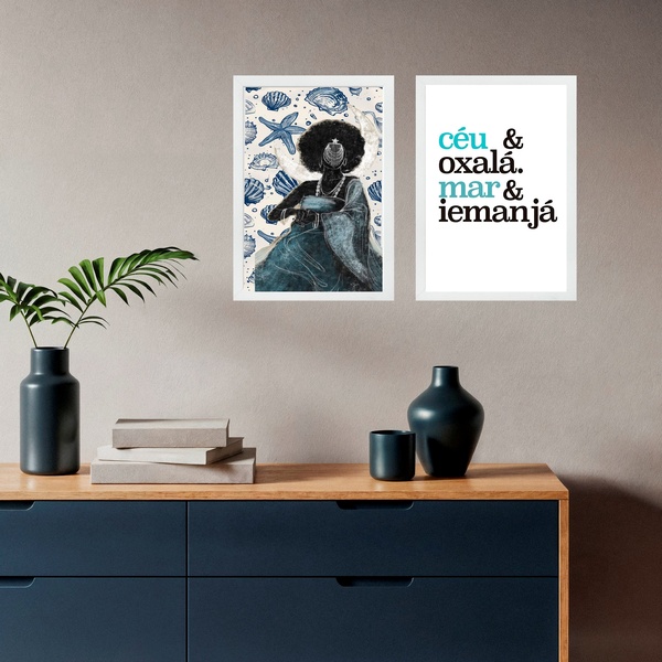 Kit 2 Quadros Iemanjá - Céu Mar Oxalá 33x24cm Moldura Branca