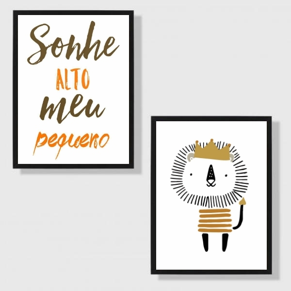 Kit 2 Quadros Infantil Leãozinho Sonhe Alto 33x24cm - Com Vid