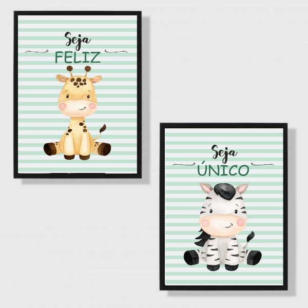 Kit 2 Quadros Infantil Tema Safari Seja Feliz 33x24cm - Com V