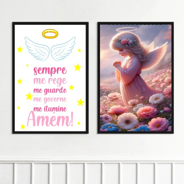 Kit 2 Quadros Infantis Anjinha - Santo Anjo 45x34cm Moldura P