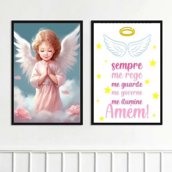 Kit 2 Quadros Infantis Anjinho Rezando 45x34cm Moldura Branca