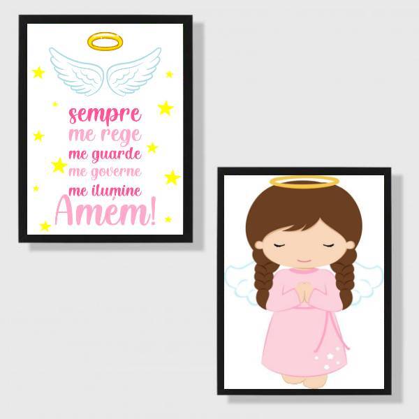 Kit 2 Quadros Infantis Anjo Da Guarda Rosa 24x18cm - Com Vidr