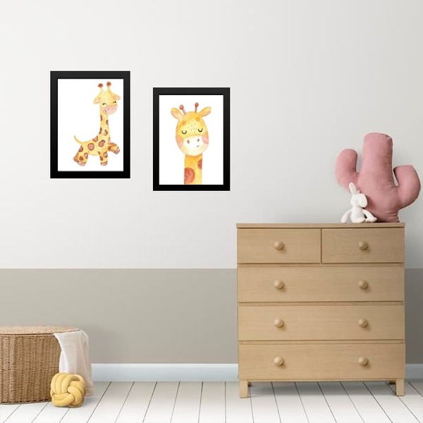 Kit 2 Quadros Infantis Aquarela Girafinha 24x18cm Moldura:mad