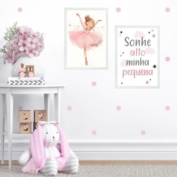 Kit 2 Quadros Infantis Bailarina - Sonhe Alto 45x34cm Moldura