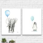 Kit 2 Quadros Infantis Bichinhos Balões 24x18cm Moldura:madei