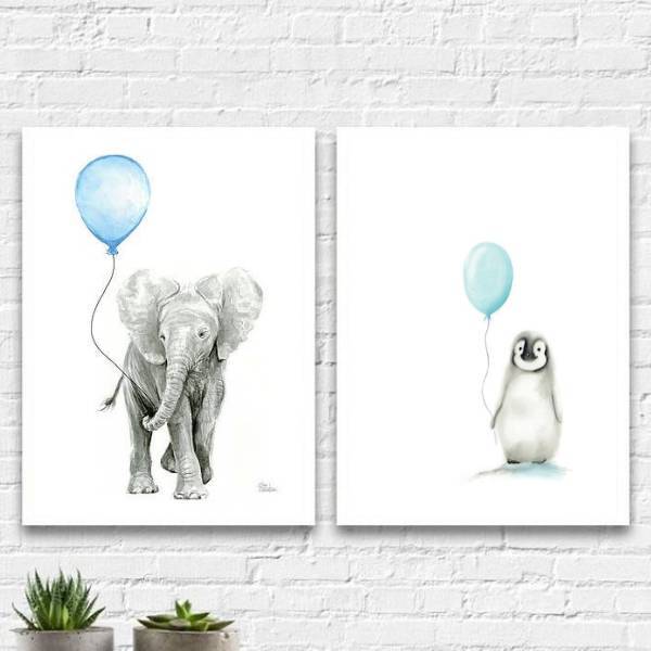 Kit 2 Quadros Infantis Bichinhos Balões 45x34cm Moldura:madei