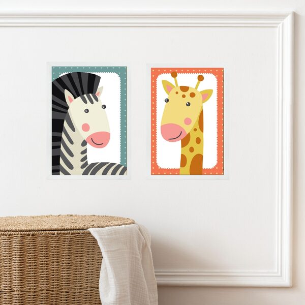 Kit 2 Quadros Infantis Bichos Do Safari 45x34cm - Com Vidro M