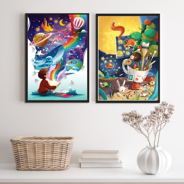 Kit 2 Quadros Infantis Crianças Mundo Da Imaginação 45x34cm -