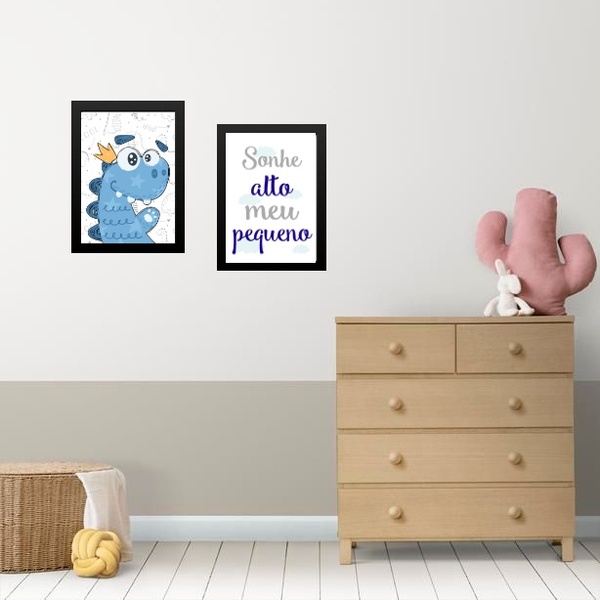 Kit 2 Quadros Infantis Dinossauro Sonhe Alto 24x18cm - Com Vi