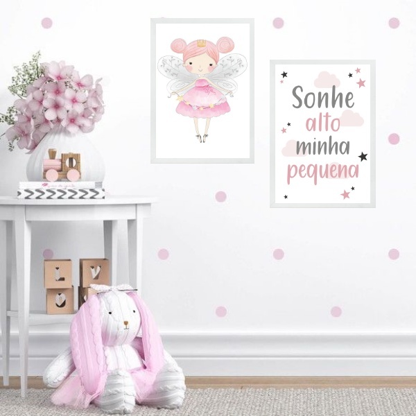 Kit 2 Quadros Infantis Fadinha- Sonhe Alto 33x24cm - Com Vidr