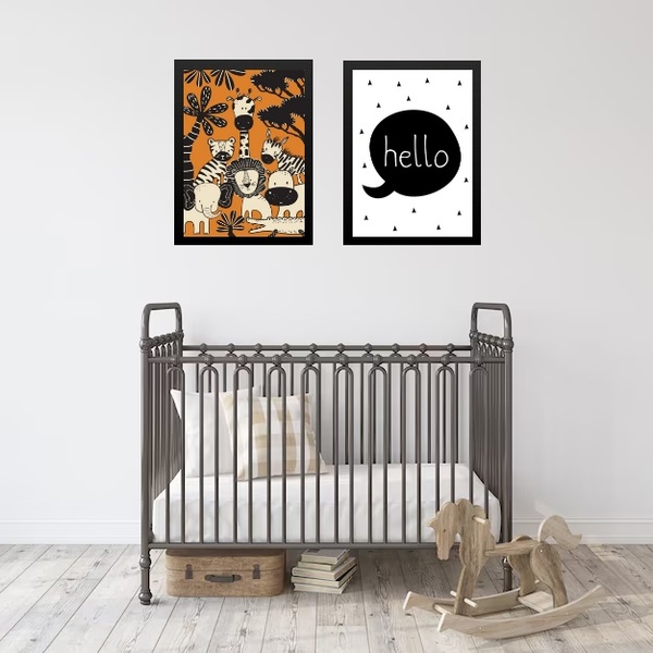 Kit 2 Quadros Infantis Laranja E Preto - Safari 24x18cm Moldu