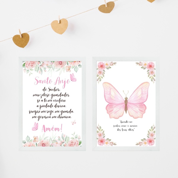 Kit 2 Quadros Infantis Menina Borboleta Rosa - Cristão 45x34c