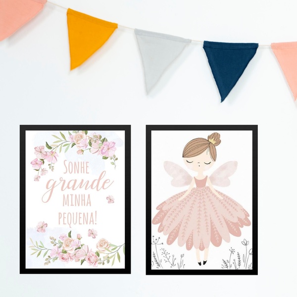 Kit 2 Quadros Infantis Menina Borboleta - Sonhe Grande 33x24c