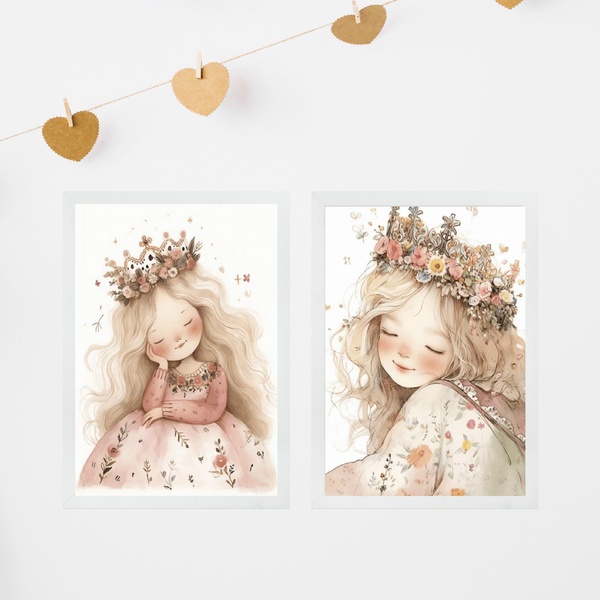 Kit 2 Quadros Infantis Menina Princesa 45x34cm Moldura Preta