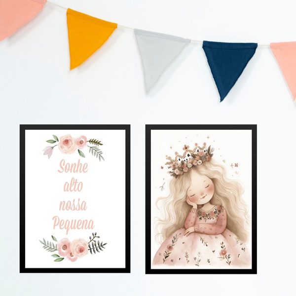 Kit 2 Quadros Infantis Menina Princesa - Sonhe Alto 45x34cm -