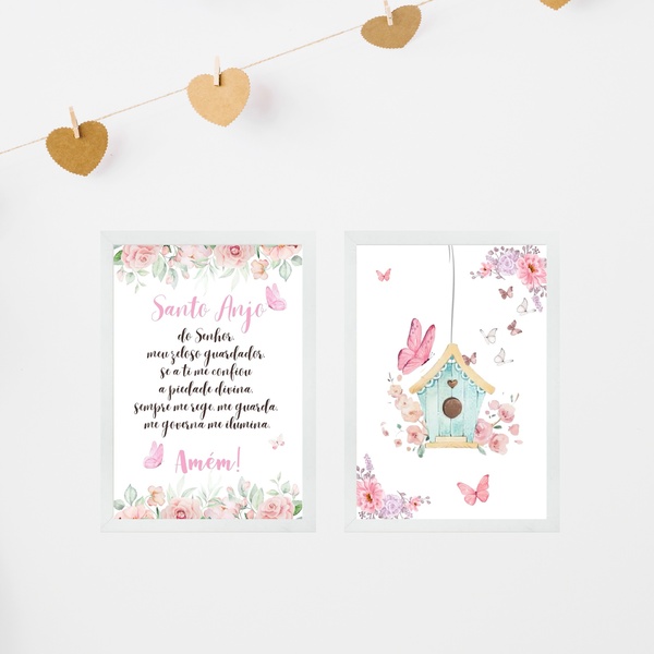 Kit 2 Quadros Infantis Menina Santo Anjo - Borboletinhas 33x2
