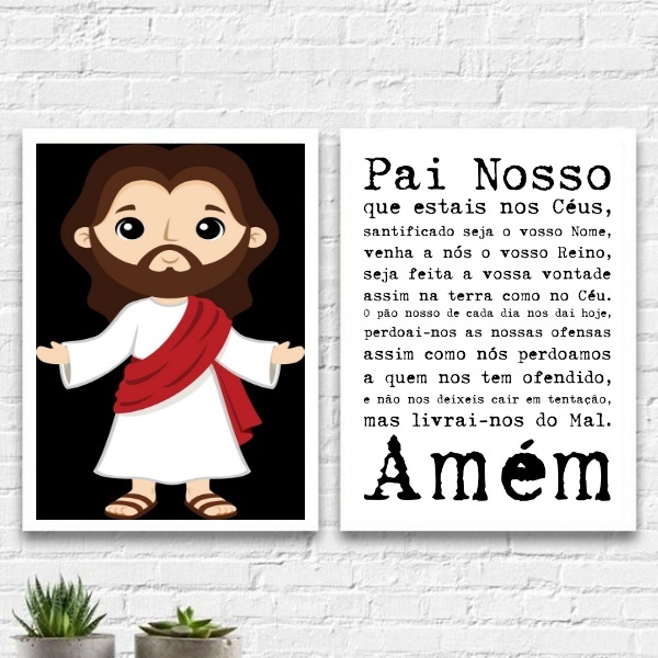 Kit 2 Quadros Infantis Oração Pai Nosso 33x24cm Moldura:madei