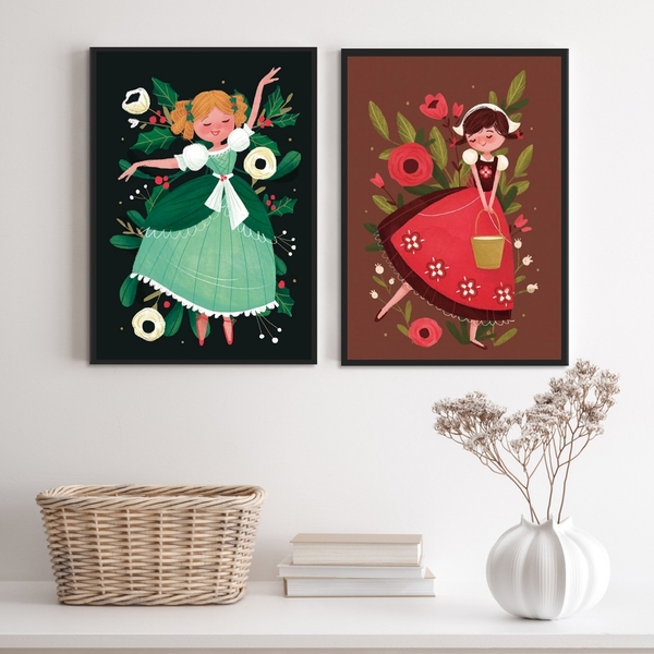 Kit 2 Quadros Infantis Retrô Menina Camponesa 33x24cm Moldura