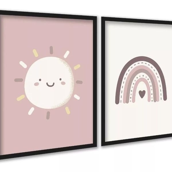 Kit 2 Quadros Infantis Sol E Arco-íris Rosê 33x24cm - Com Vid