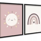 Kit 2 Quadros Infantis Sol E Arco-íris Rosê 45x34cm - Com Vid