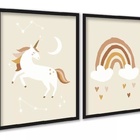 Kit 2 Quadros Infantis Unicórnio Arco-íris Bege 24x18cm Moldu