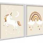Kit 2 Quadros Infantis Unicórnio Arco-íris Bege 33x24cm - Com