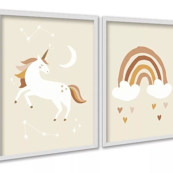 Kit 2 Quadros Infantis Unicórnio Arco-íris Bege 45x34cm Moldu