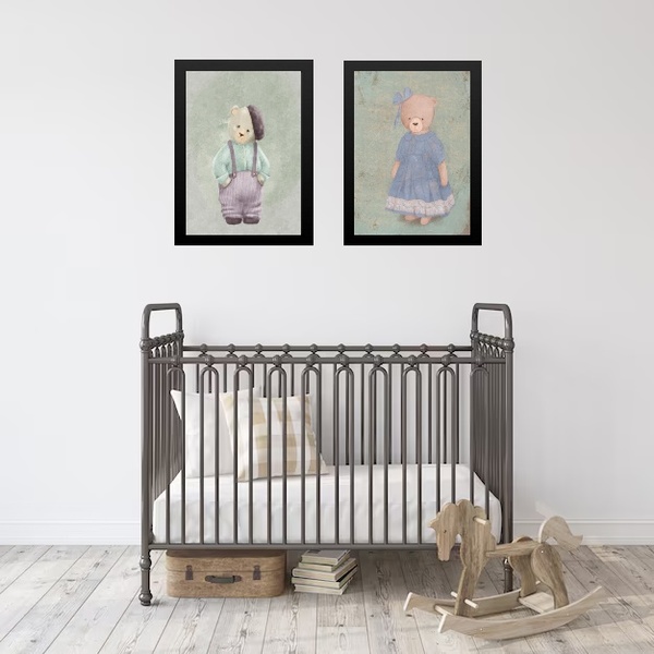 Kit 2 Quadros Infantis Ursinhos Clássicos Vintage 33x24cm - C