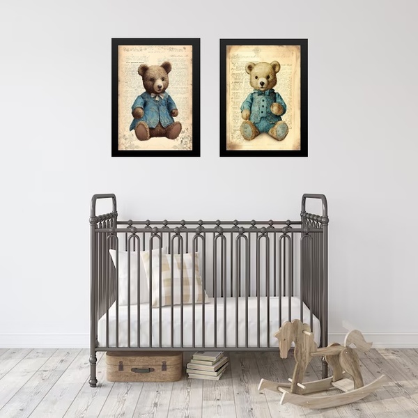 Kit 2 Quadros Infantis Ursos Vintage Clássico 45x34cm - Com V