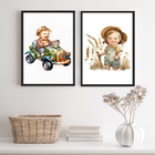 Kit 2 Quadros Infantis Vintage Unissex 45x34cm - Com Vidro Mo