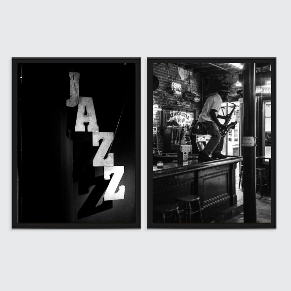 Kit 2 Quadros Jazz Restaurante 45x34cm Moldura:madeira Branca