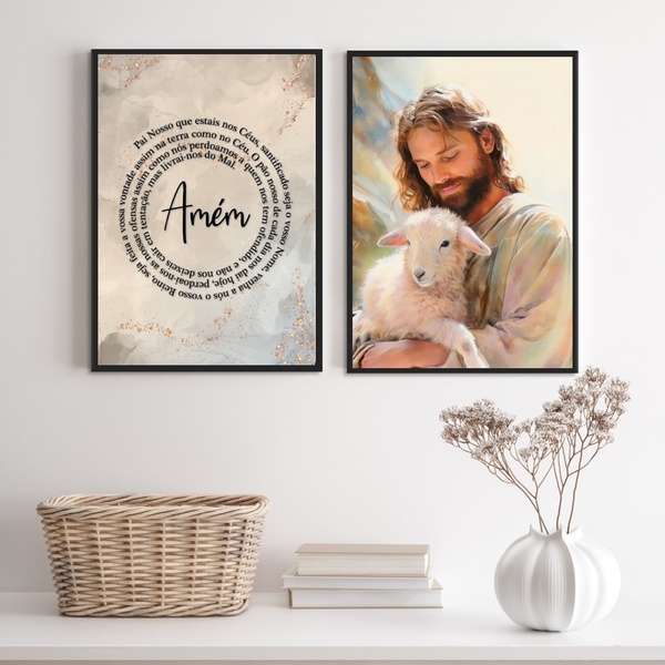 Kit 2 Quadros Jesus Com Cordeiro - Oração 24x18cm - Com Vidro