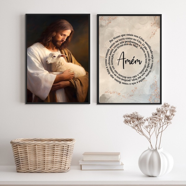 Kit 2 Quadros Jesus Com Ovelha - Pai Nosso 33x24cm Moldura:ma