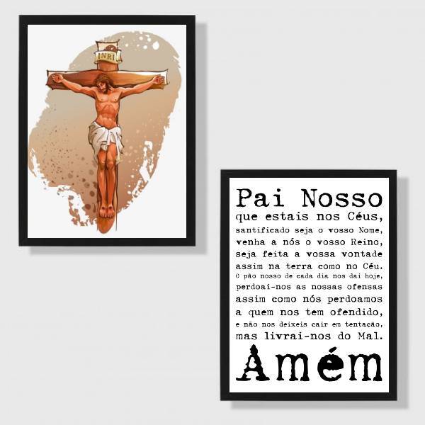 Kit 2 Quadros Jesus Cruxificado Pai Nosso 33x24cm - Com Vidro
