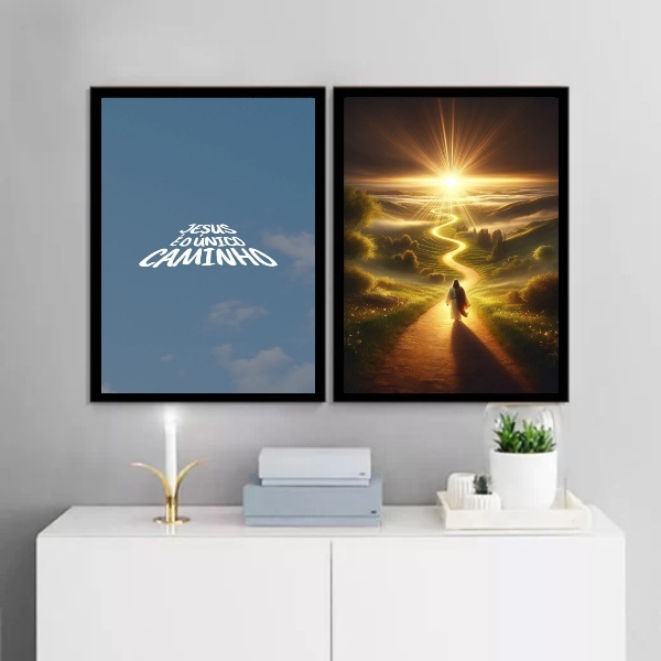 Kit 2 Quadros Jesus É O Caminho 24x18cm - Com Vidro Moldura P