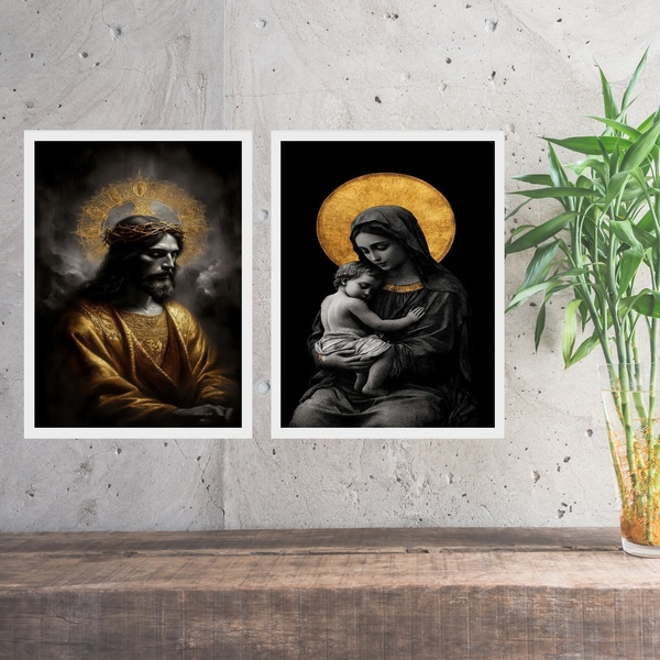 Kit 2 Quadros Jesus E Virgem Maria - Preto Com Dourado 45x34c