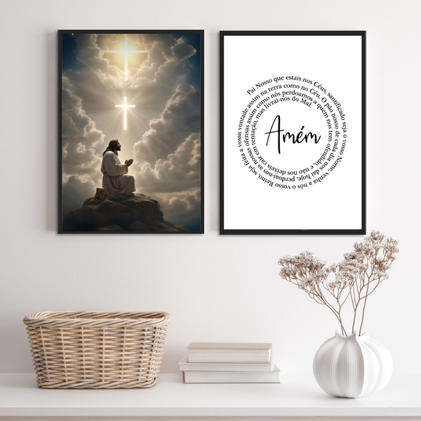 Kit 2 Quadros Jesus Orando- Pai Nosso 24x18cm - Com Vidro Mol