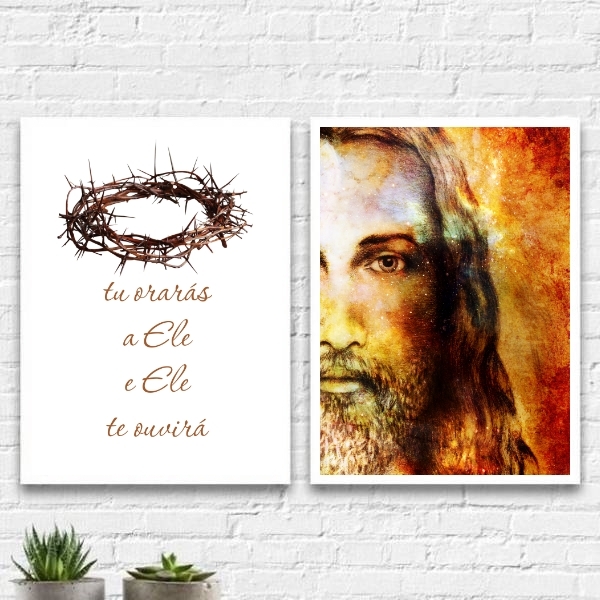 Kit 2 Quadros Jesus Tu Orarás A Ele 33x24cm - Com Vidro Moldu