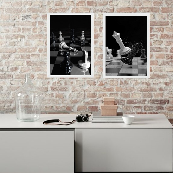 Kit 2 Quadros Jogo Xadrez- Preto E Branco 24x18cm Moldura:mad