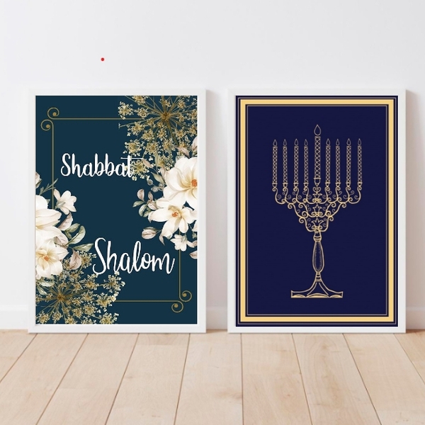 Kit 2 Quadros Judaicos Shabbat Shalom menorah 24x18cm - Com V