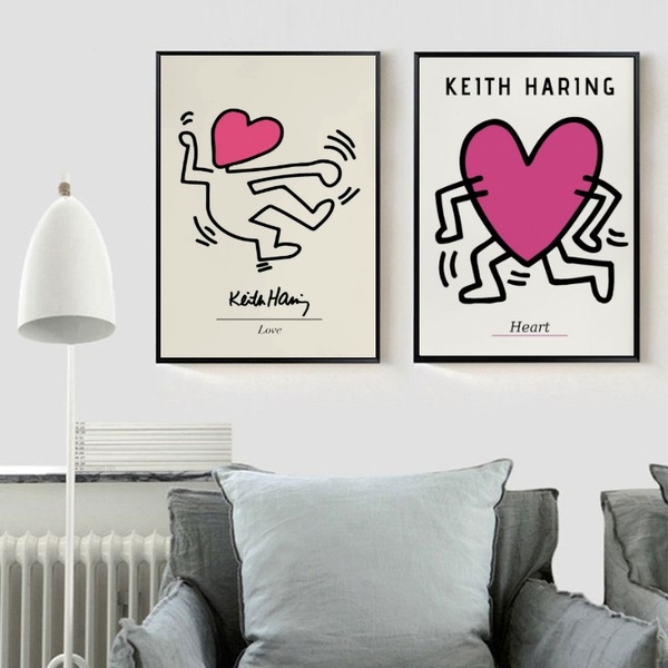 Kit 2 Quadros Keith Haring Heart Love 33x24cm Moldura:madeira