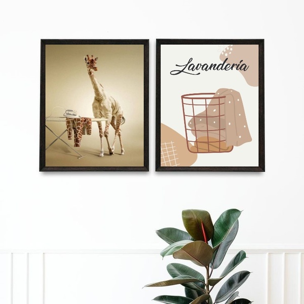 Kit 2 Quadros Lavandería - Girafa 33x24cm Moldura Branca