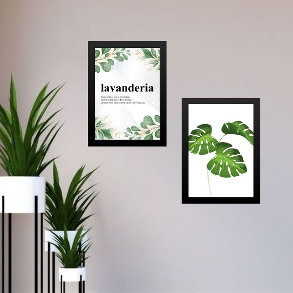 Kit 2 Quadros Lavanderia - Plantas 24x18cm - Com Vidro Moldur