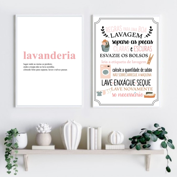 Kit 2 Quadros Lavanderia Soft - Rosa 33x24cm - Com Vidro Mold