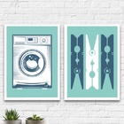 Kit 2 Quadros Lavanderia Turquesa 24x18cm - Com Vidro Moldura
