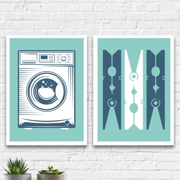 Kit 2 Quadros Lavanderia Turquesa 45x34cm Moldura:madeira Bra
